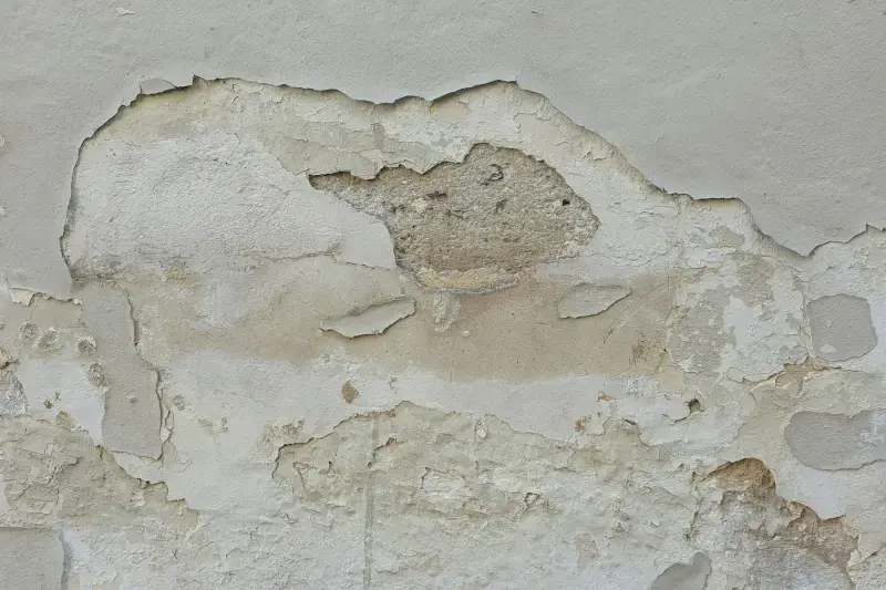 Water-stained plaster bubbling and peeling away from a wall