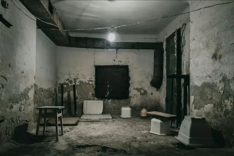 Damp basement room with stained walls and a bare bulb