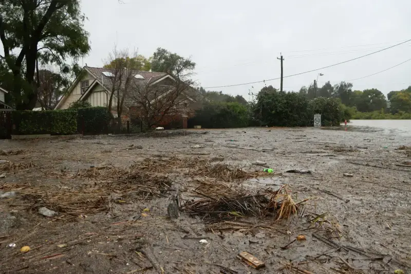 Mud and storm debris left on a lawn after floodwater went down