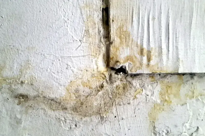 Brown water stain spreading from a crack in a white wall